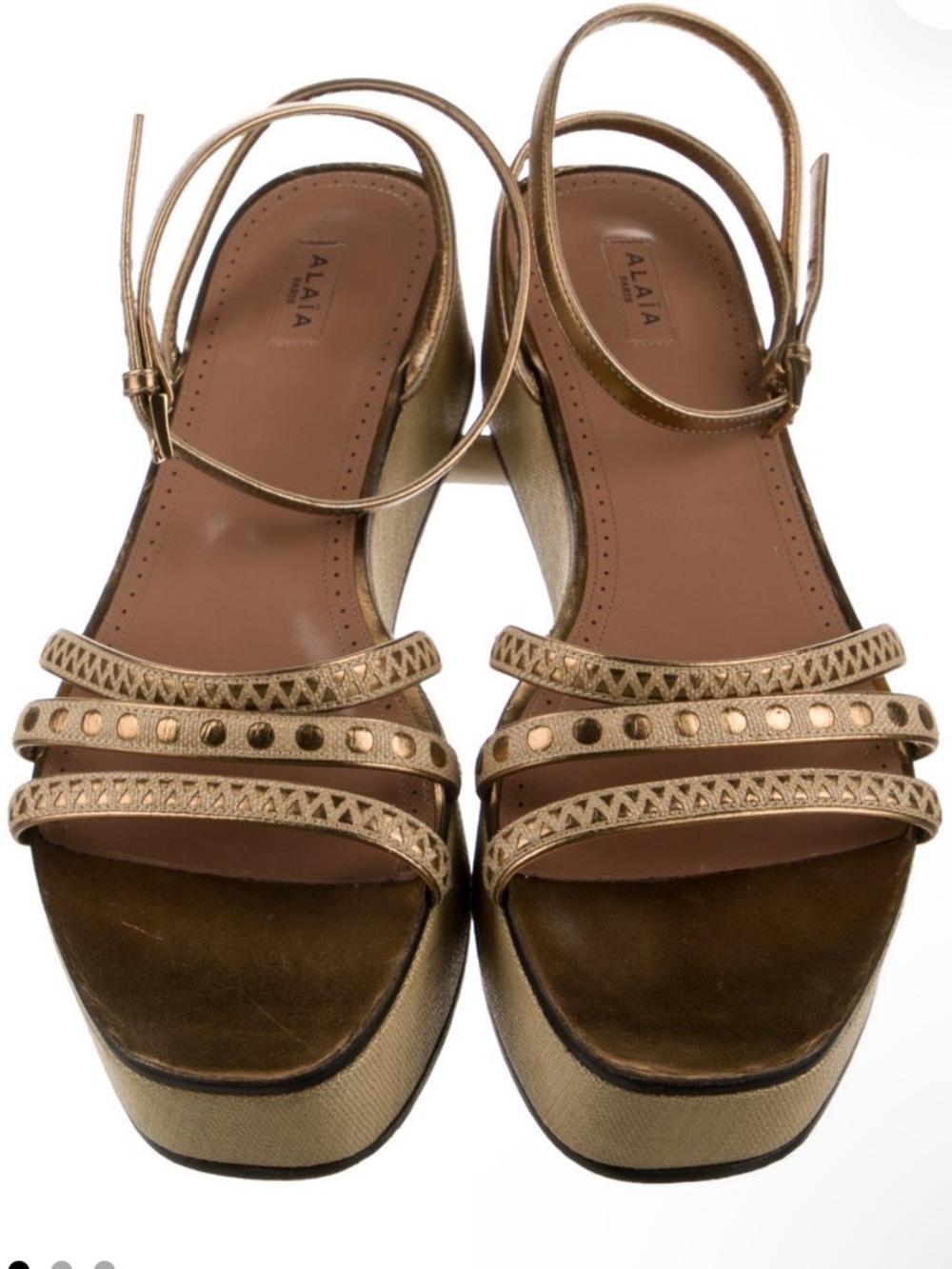 Alaia Women's Gold trimmed Metallic Leather Platform Sandal size 41